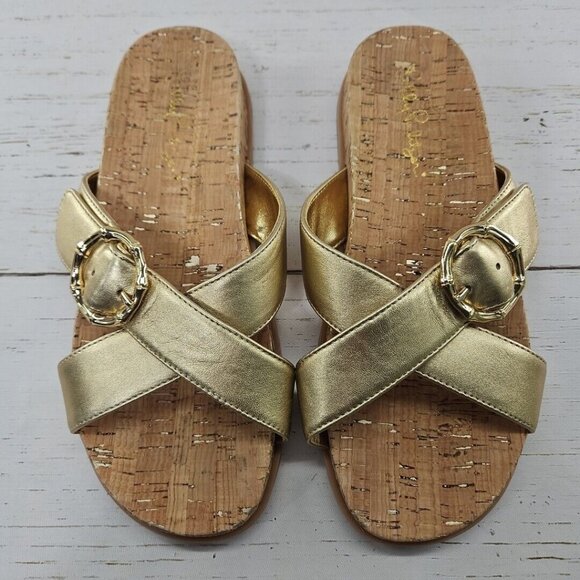 Lilly Pulitzer Bayshore‎ Womens Sandals Cork Gold Metallic Leather Size 6 - Picture 3 of 9